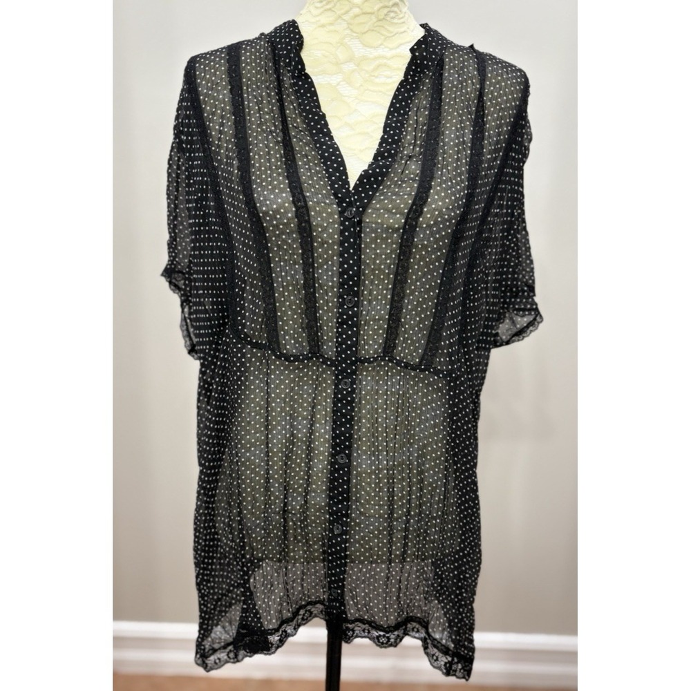 DressBarn Women 3X Black White Polka Dot Sheer Lace V-Neck Button Front Top